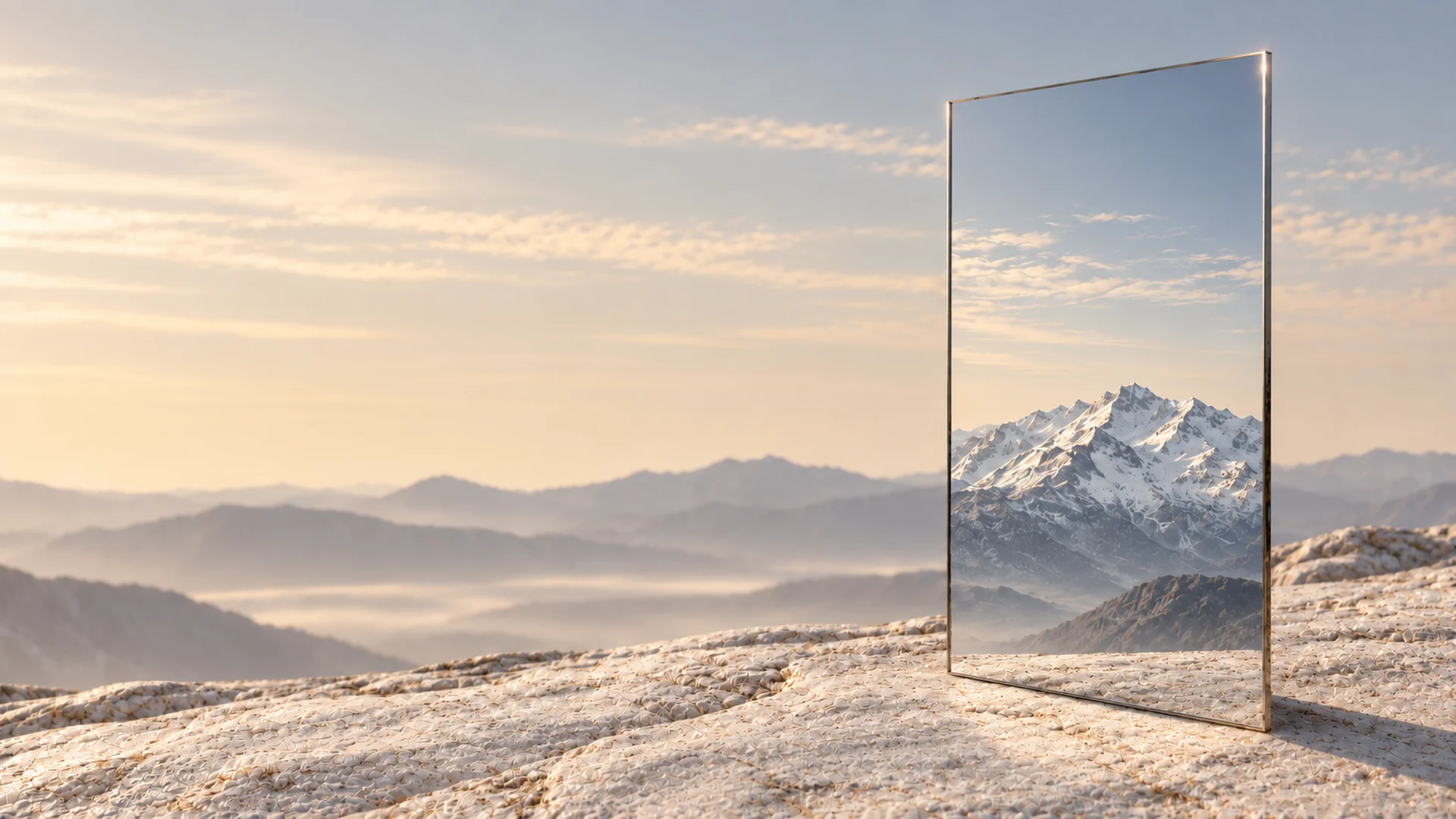 A frameless mirror reflecting a snow-covered mountain in a quiet landscape